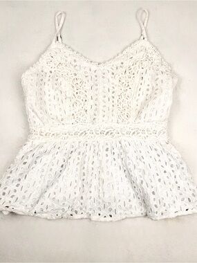 Japna White Eyelet‎ Lace Peplum Cami Top Medium Boho Cottagecore